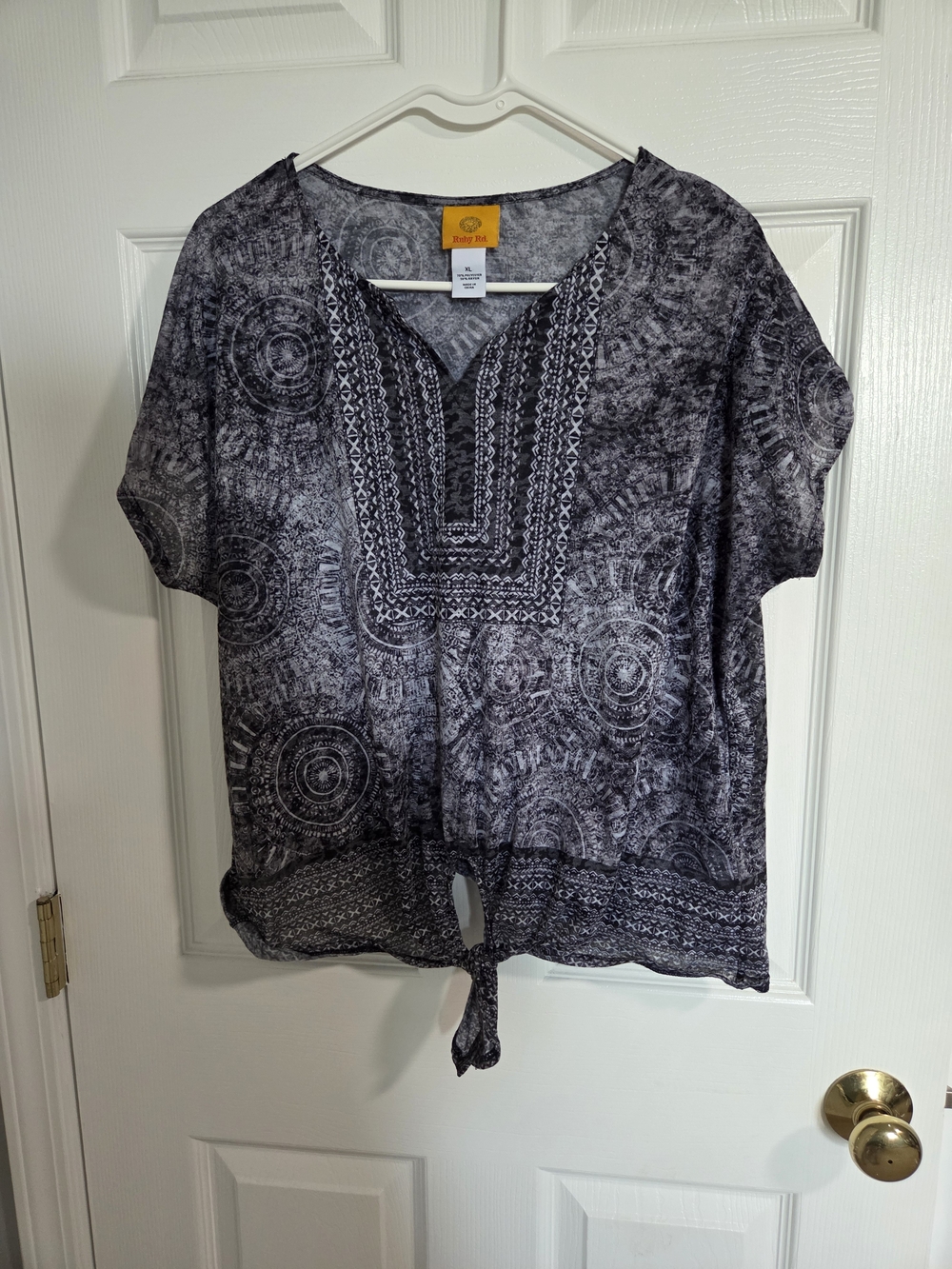 Ruby Rd. Black & White Printed Tie-Front Short Sleeve Blouse